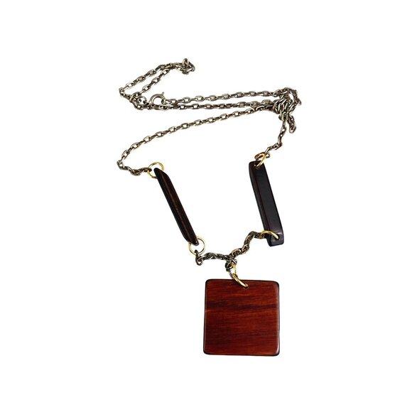 Vintage Wood & Metal Pendant Necklace With Geometric Design & Long Chain For Wom - Picture 2 of 6